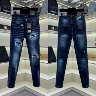 Quần jean bò nam DSQ slimfit wash xanh bạc rách xù lót vải đùi gối vảy sơn dập nhăn 3D cao cấp QJ576P