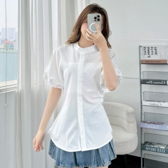Áo Sơ Mi Cổ Tàu Tay Phồng, Dây Buộc Eo, Chất Đũi Nhăn, Phong Cách Thanh Lịch Trẻ Trung Hàn Quốc