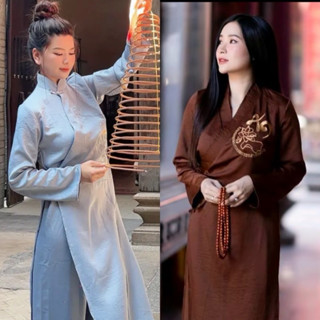 (Sale lẻ size)Set bộ áo dài tràng truyền thống-Bộ Phật Tử thêu hoa sen và chữ An vải lụa cao cấp quần ống suông