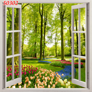  Tranh cửa sổ nhìn ra rừng cây tranh vải lụa kim sa dán tường 3D... 