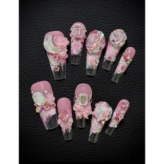 Nailbox thiết kế , màu hồng gắn charm đá dịu dàng, nail làm thủ công 759
