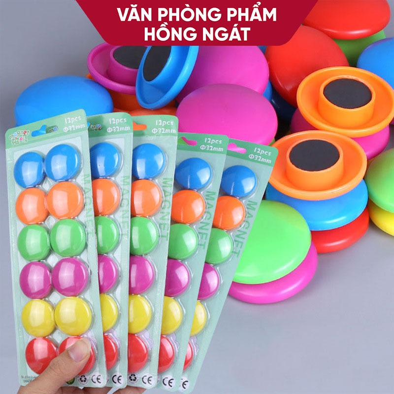 Nam châm tròn vỉ 12 viên đường kính 32mm, đồ dùng giáo cụ dạy học tiếng anh trong học tập của giáo viên tiểu học GC23