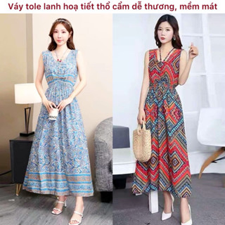 Váy, đầm sát nách vải tole lanh in hoạ tiết thổ cẩm mềm mát, mỏng nhẹ, mặc nhà, mặc đi biển SNTC1