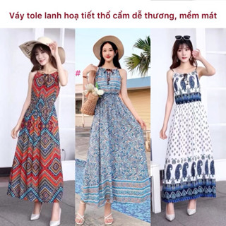 Váy hai dây tole lanh in hoạ tiết thổ cẩm nhẹ mát, mềm mại 2DTC2