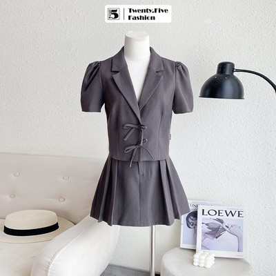 Set áo blazer nữ Twentyfive ngắn tay đính nơ và chân váy A xếp ly KA16+CA16 ( Tách lẻ)