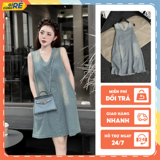 Váy Bò chữ A Sát nách Babydoll cổ chữ V Đầm jean họa tiết chấm bi ngắn C&H Clohthing
