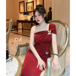 Đầm đi dự tiệc, váy dự tiệc dáng dài ôm body vai lệch đính tag hồ điệp chất nhúng kim cương thiêt kế tiểu thư sang chảnh