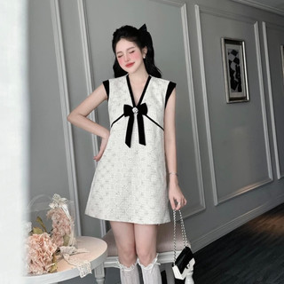 Đầm đi dự tiệc, váy dự tiệc dạ đính kim sa bling bling cổ V đính tag nơ dáng suông thiết kế tiểu thư sang chảnh LEVAN