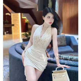 Đầm đi dự tiệc, váy dự tiệc ren họa tiết hoa cổ yếm dáng ngắn ôm body vạt dài sexy thiết kế tiểu thư sang chảnh LEVAN