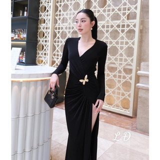 Đầm đi dự tiệc, váy dự tiệc dáng dài ôm body dào tay cổ V cut eo sẻ tà sexy quyến rũ gợi cảm thiết kế tiểu thư LEVAN