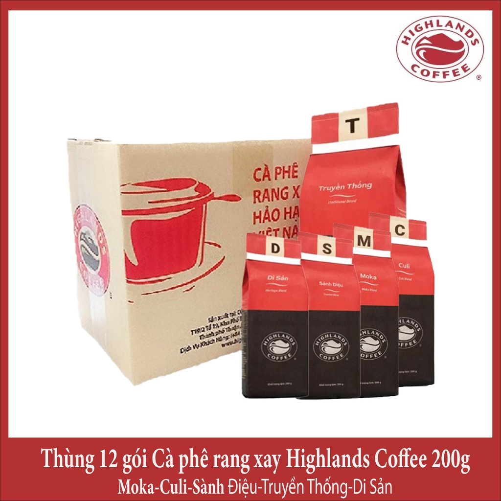 Thùng 12 gói Cà phê Rang xay Highland Coffee 200g Moka/Culi/Truyền thống