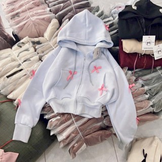 Áo Khoác Hoodie Nữ Kiểu Croptop Đính Nơ Có Nón Vải Thun Nỉ Ngoại Mềm Mịn( Nhiều Màu)