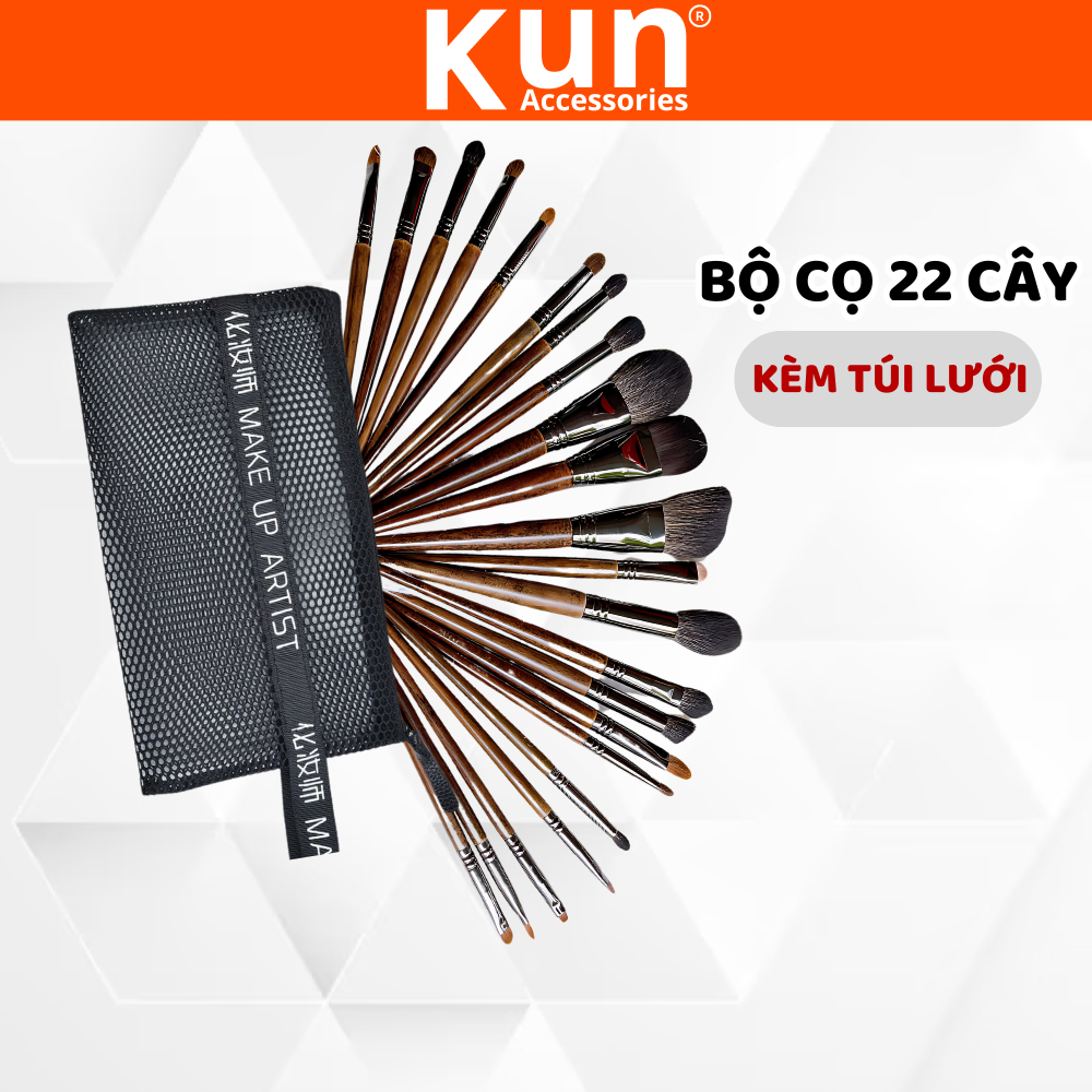 Bộ cọ trang điểm 22 cây KUN OVW lông thú tự nhiên cán gỗ trọn bộ trang điểm (Tặng Kèm túi lưới)