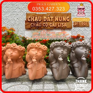 Chậu đất nung - Chậu trồng sen đá, xương rồng - Chậu cô gái Lisa miệng 10cm, cao 23cm