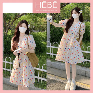 Set váy nữ Suzuka họa tiết trái tim váy dáng babydoll trẻ trung, Đầm nữ thời trang chất tơ tằm cao cấp thanh lịch HEBE