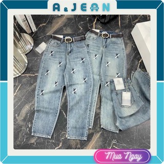 Quần baggy jean thêu chữ nhỏ , quần bò nữ chữ nhí | a&jean store