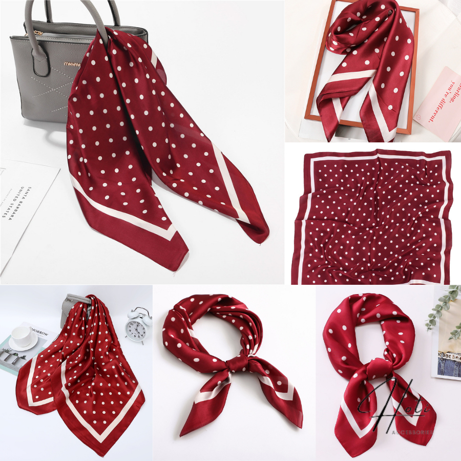 Khăn lụa vuông, khăn turban quàng cổ họa tiết chấm bi năng động xinh xắn chống tia UV - Màu đỏ - HOTI - KL035