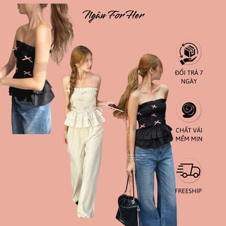 Tini top- áo quây bo chun đính nơ, áo ống bo chun ngâu for her
