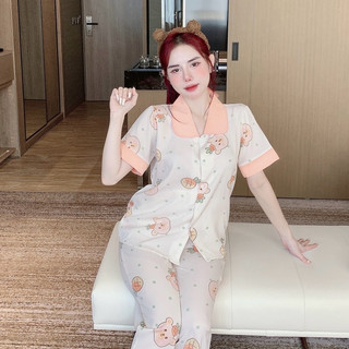 Bộ pijama bộ mặc nhà cổ sen tay ngắn quần dài chất lụa mango mịn mát 40-60kg - chun's sleepwear