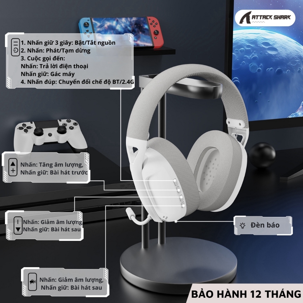 Tai nghe Không Dây Attack Shark L80 Supper Bass 3 Chế Độ Kết Nối Mic Tháo Rời Thời Lượng Pin Trâu | BigBuy360 - bigbuy360.vn