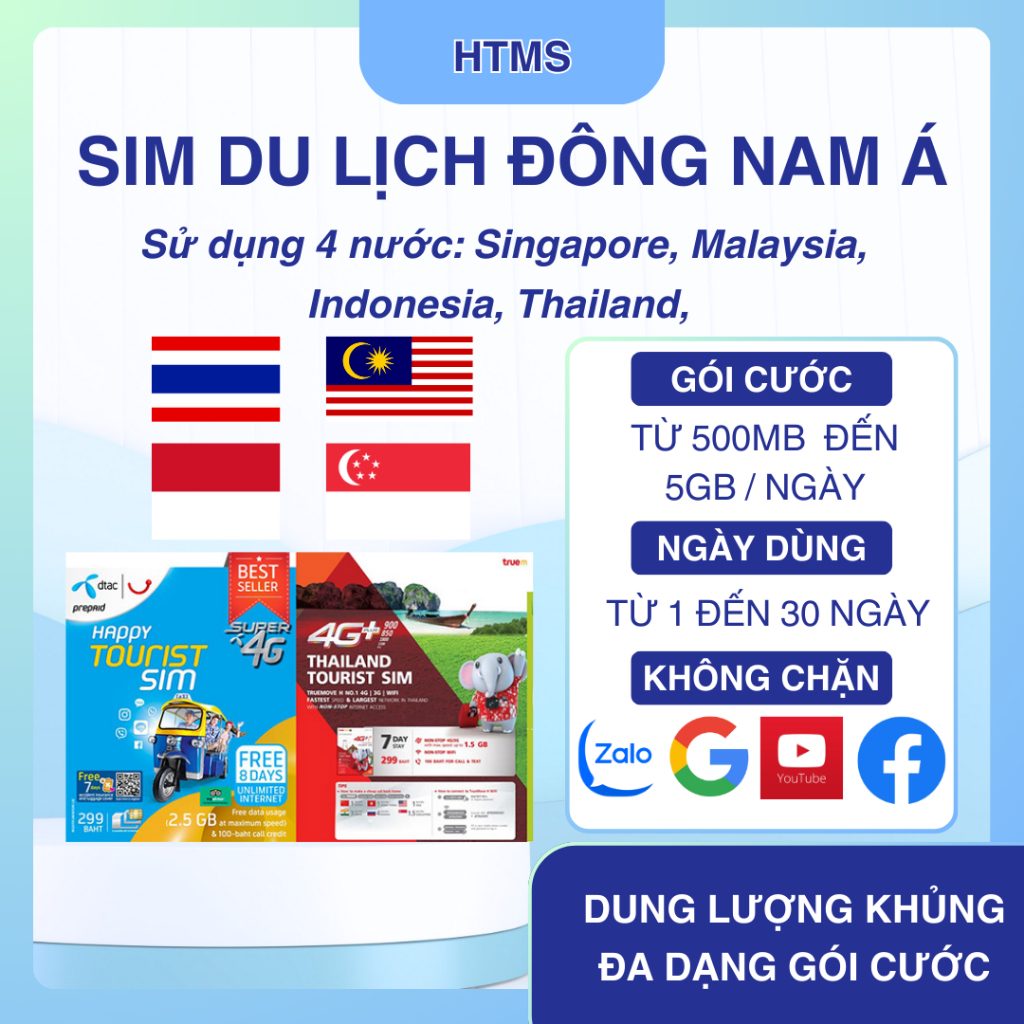 Sim Thái Lan - Singapore - Malaysia - Indonesia, Sim Du Lịch Đông Nam Á, Sim 4G Tốc Độ Cao Gói Cước 