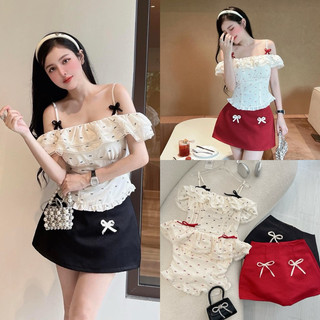 Set áo crop ren dây + chân váy bèo