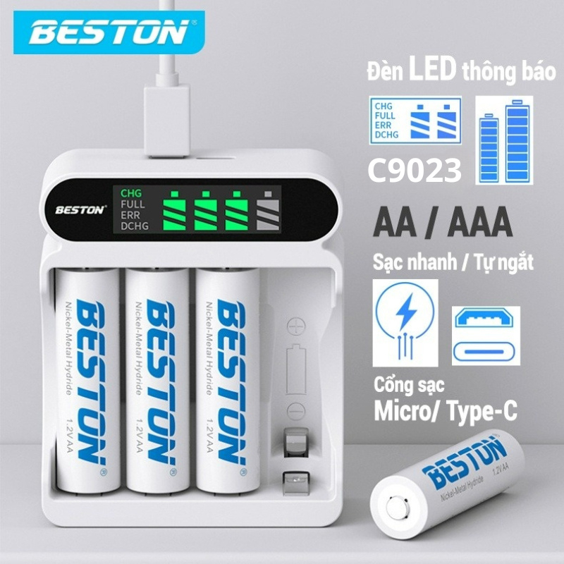 Bộ Sạc 4 Pin Beston AA AAA C9023, Mẫu Mới 2023 Sạc Nhanh,Tự Ngắt Khi Đầy, Đèn Báo Thông Minh, Dùng C
