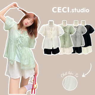 Set Áo Quần Nữ Tay Bồng Buộc Dây Kèm Áo 2 Dây Chất Liệu Tơ Mềm Mát - Set Đồ Babydoll Nữ Tính - Ceci.studio -S233