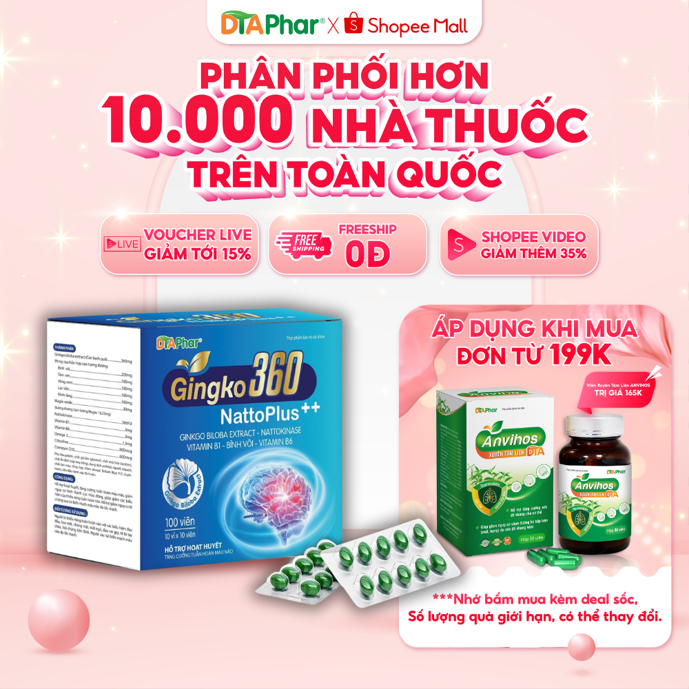 Viên uống GINKGO 360 Natto Plus hỗ trợ hoạt huyết dưỡng não tăng cường tuần hoàn máu não h100v