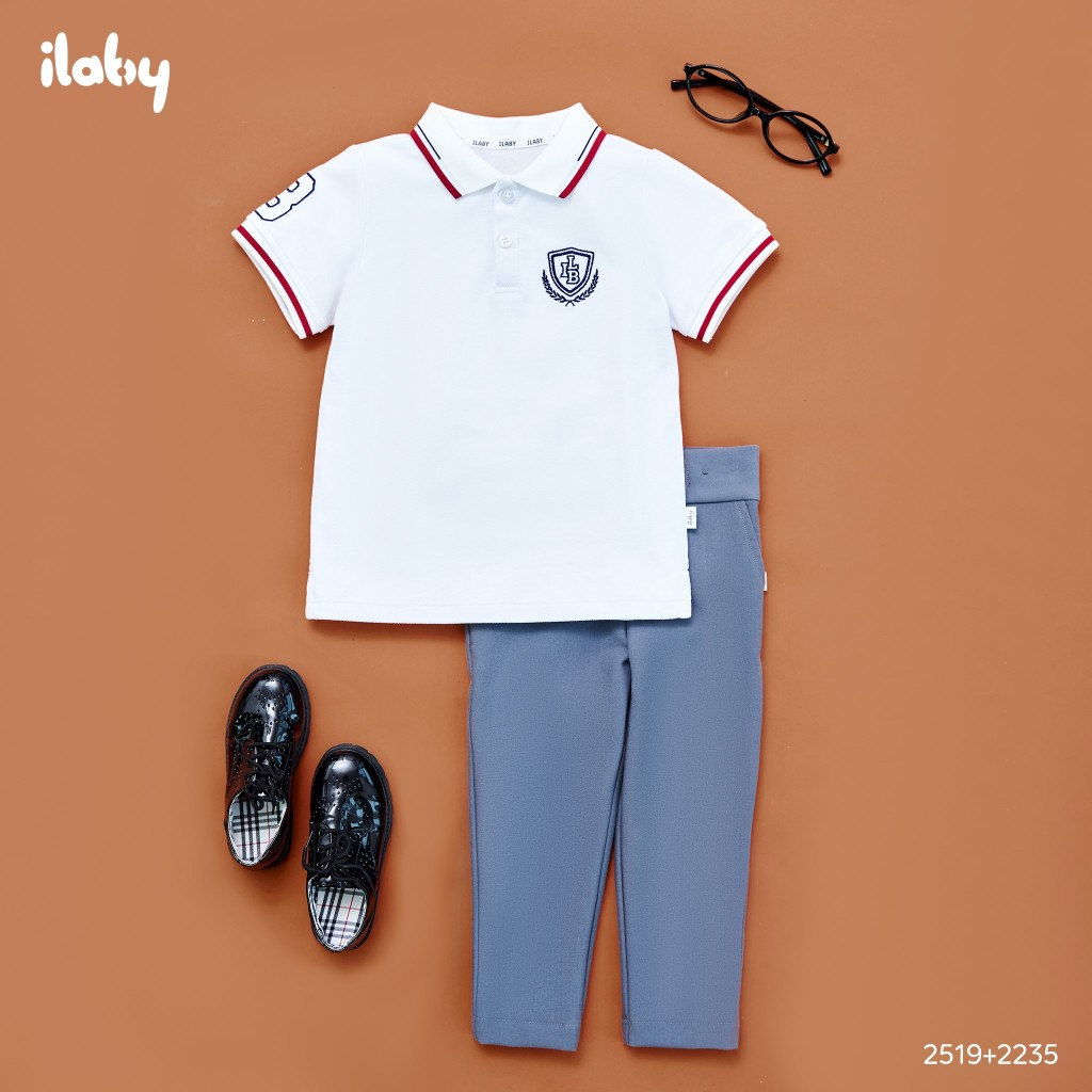 Áo polo bé trai ILABY chất lacoste thêu huy hiệu cổ tay và cổ áo phối viền đỏ phong cách [2890]