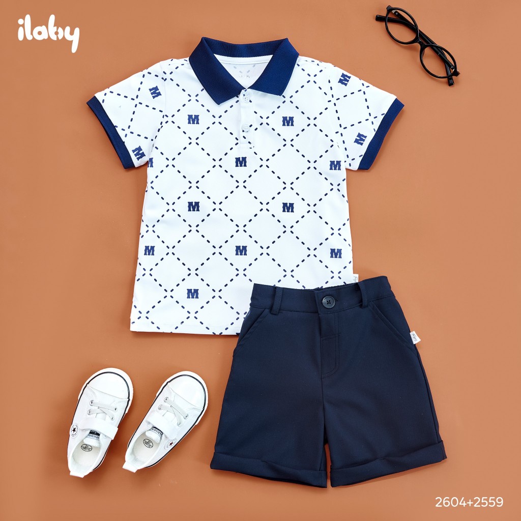 Áo polo bé trai ILABY họa tiết monogram tay và cổ phối màu xẻ hai bên sườn áo chất lacoste [2604]
