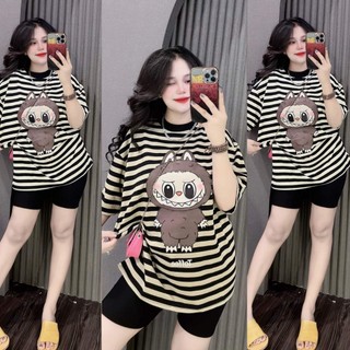 Set bộ nữ quần lửng chất tăm lạnh áo sọc in gấu labubu bigsize mặc nhà đi chơi đẹp