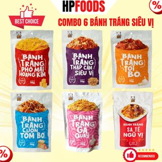 Combo Mix 6 gói Bánh tráng Siêu Vị Phô mai Hoàng Kim Thập cẩm siêu vị Tỏi bò Cuộn Tôm Bơ Phô Mai gà Quay Sa Tế Ngũ Vị