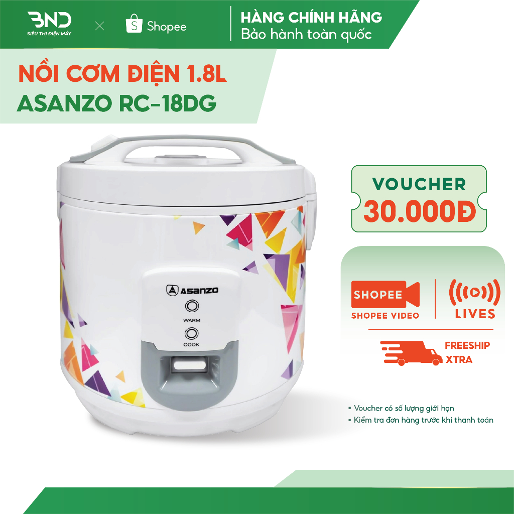 Nồi cơm điện nắp gài 1.8L Asanzo RC-18DG lòng nồi 2 lớp chống dính công suất 650W đa dạng chức năng 