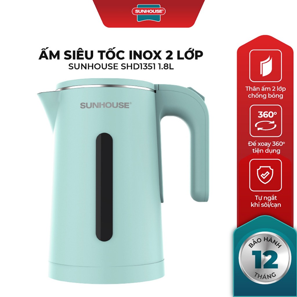 Ấm siêu tốc inox 2 lớp Sunhouse SHD1351 HOẶC SHD1351 dung tích 1.8 lít bảo hành chính hãng toàn quốc 12 tháng