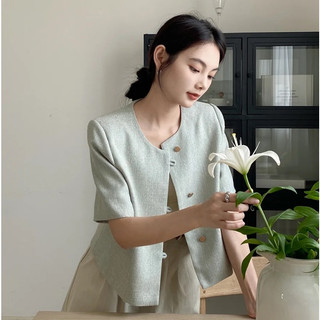 Mã 03 Áo khoác blazer ngắn tay màu xanh mint hàng quảng châu chất dạ tweed mỏng, áo khoác dạ tweed
