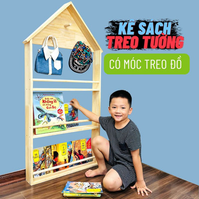 Kệ Giá Sách Benrikids Hình Ngôi Nhà Cho Bé Tích Hợp Móc Treo Đồ Mũ Nón Chất Liệu Gỗ Thông Tự Nhiên
