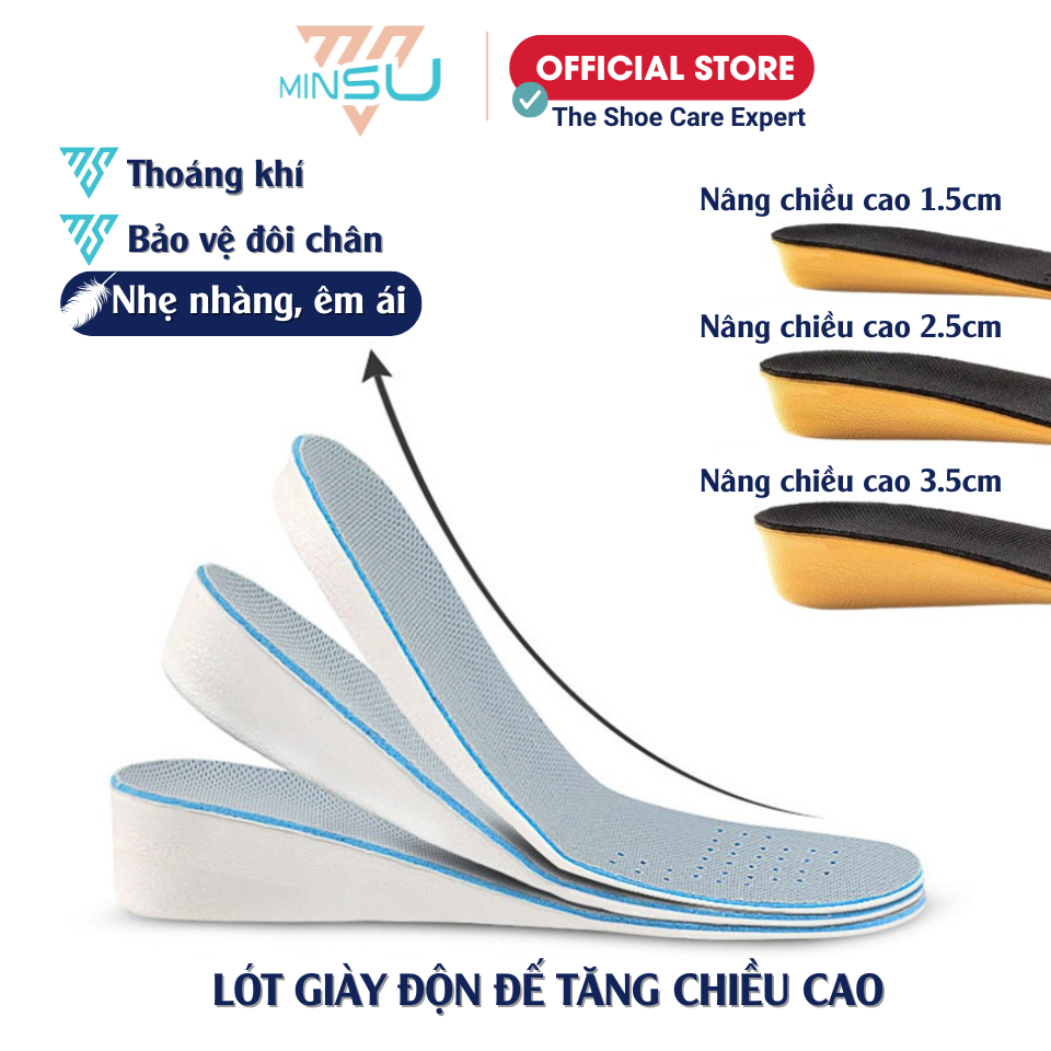 Lót Giày Thể Thao Sneaker Độn Đế Tăng Chiều Cao Nam Nữ MINSU M5501 Đệm Nâng Cao Chân Khử Mùi Thoáng Khí Chống Hôi Chân