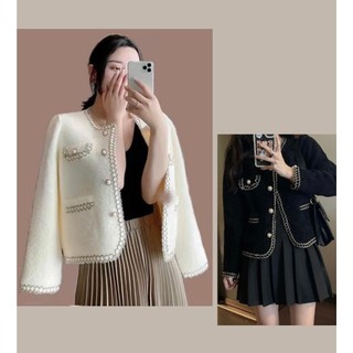   HÀNG QUẢNG CHÂU LOẠI 1  Áo khoác Cardigan dạ lông thỏ viền ngọc tiểu thư sang chảnh KHOSI SP24 