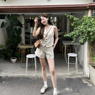 Set gile linen nữ sang chảnh phối cúc vải kèm quần short linen vải linen tưng cao cấp MA256