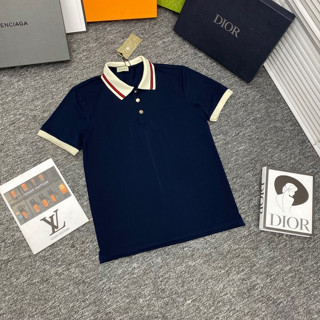 Áo polo nam cổ bẻ G.C cotton gai cá sấu xanh than trơn phối cổ chun dệt sọc be đỏ cúc vàng cao cấp PL128P