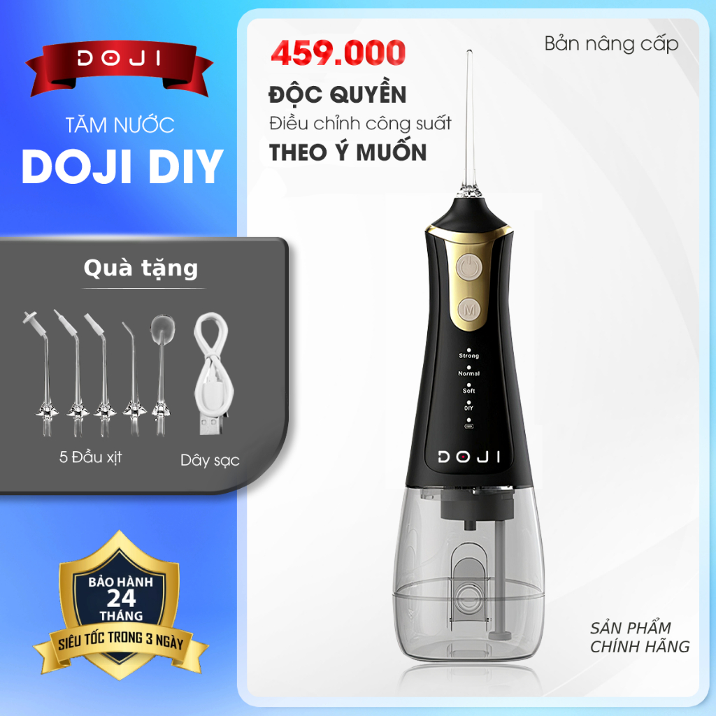 Tăm nước DOJI cao cấp chính hãng, Chống nước tốt, Công suất mạnh, Tặng kèm vòi xịt, dây sạc USB