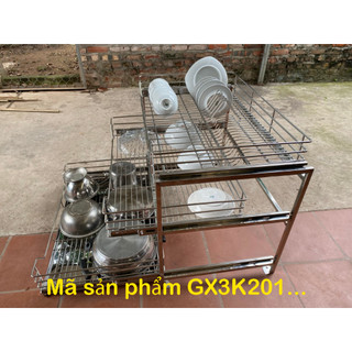 Giá để xoong nồi 2 tầng bằng Inox bóng, ray trượt bằng Inox (Làm theo chiều dài khoang tủ)