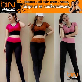 Bộ đồ tập gym yoga aerobic thể thao nữ áo thun croptop ngắn tay và quần dài chất liệu thun poly BINSPORTS BD060