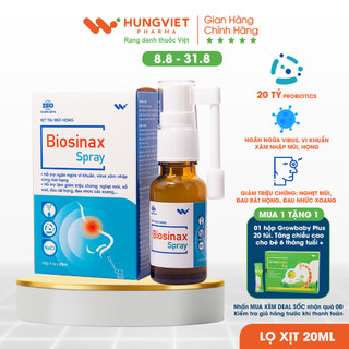 Xịt mũi họng Biosinax Spray, chứa 20 tỷ bào tử lợi khuẩn đa chủng và NaCl, lọ 20ml