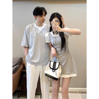 Áo Váy Đôi-Set đồ đôi thun xám phối viền trắng xinh cá tính