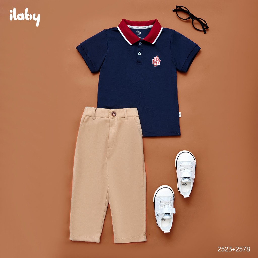 Áo polo bé trai ILABY thêu chữ nổi cổ bổ trụ cài cúc thân trước xẻ hai bên sườn chất lacoste [2523]