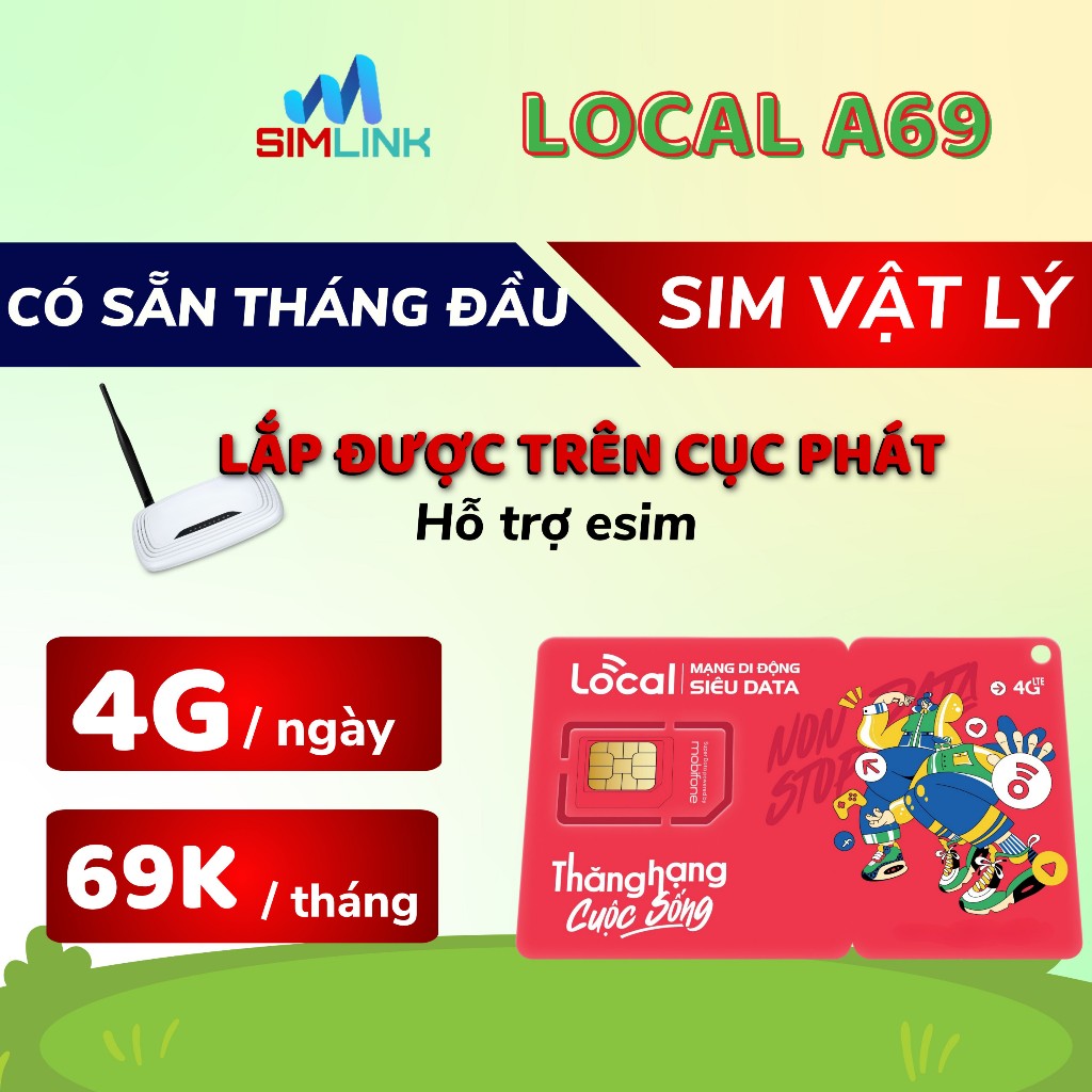 Sim 4G Local A69 - Sim data - Phủ sóng toàn quốc - Sóng mobiphone - Đã nạp sẵn tháng đầu