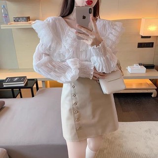 <Có sẵn> Áo sơ mi đũi xốp cổ ren 2 tầng xuất Hàn