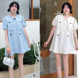 Đầm baby doll đầm nữ xoè xinh xắn tay phồng thêu nơ cổ nhọn 2 túi sườn-shopsituoiteen